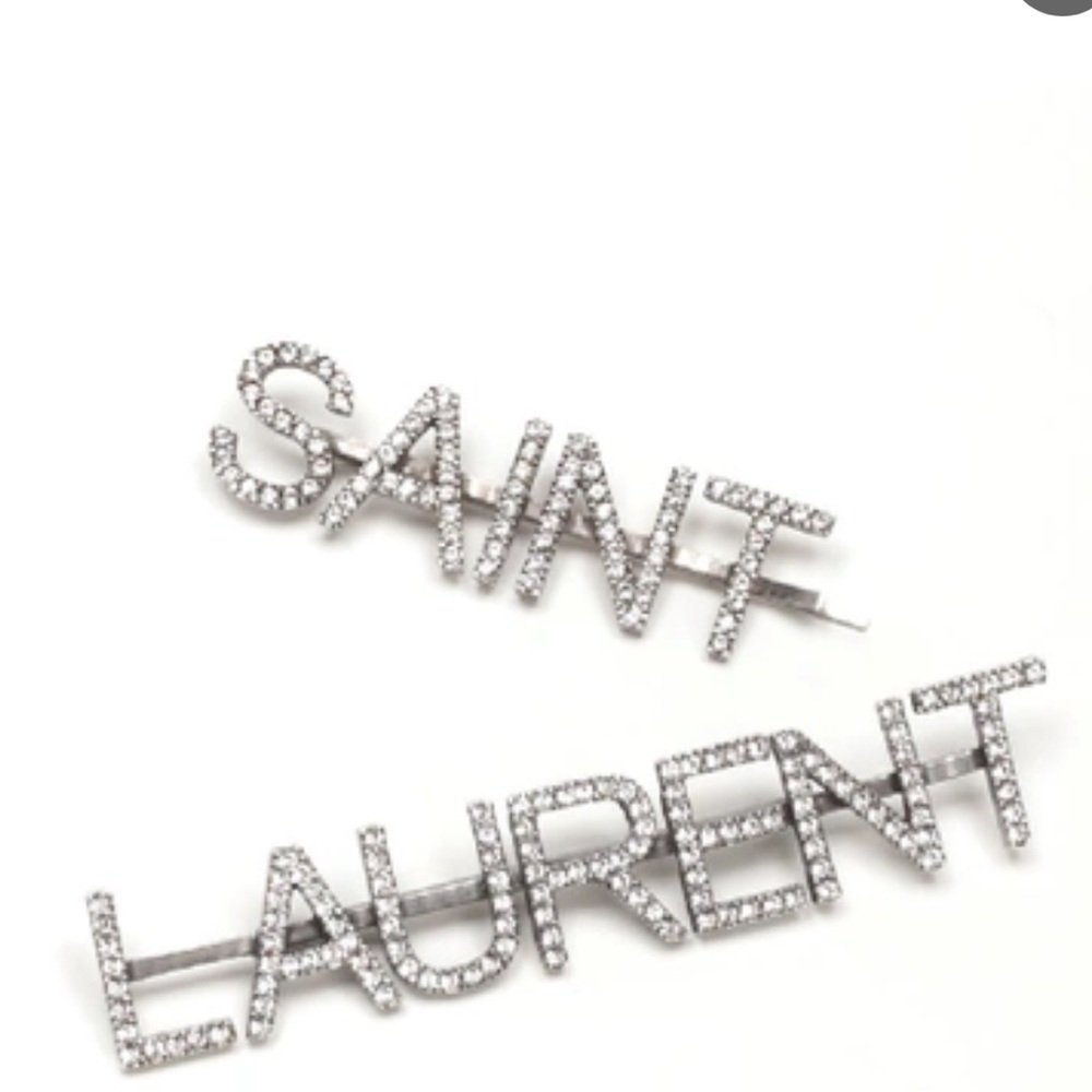 Saint Laurent Crystal Embellished Logo Hair Clips In Silver